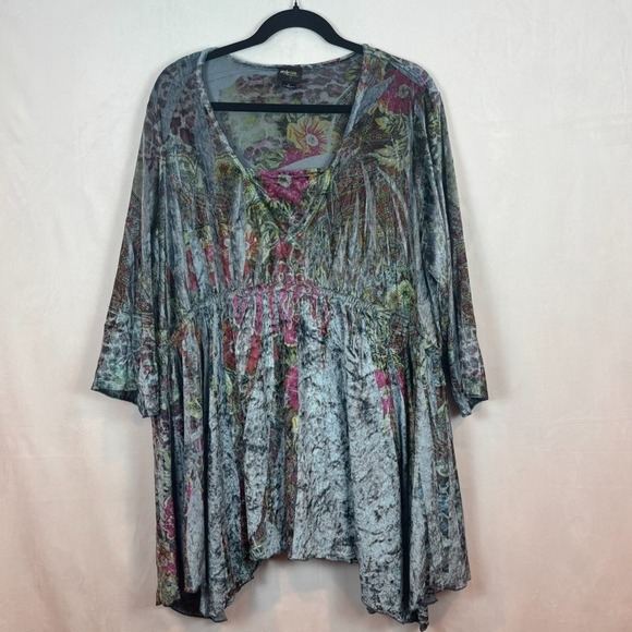 Style & Co. Womens Blue Floral Velvet Babydoll Tunic Top 1X Bell Sleeve Stretch‎ - Picture 1 of 9